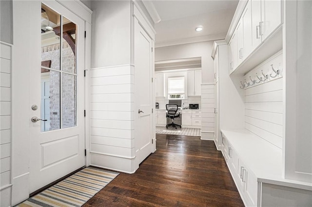 mudroom with dark wood-style flooring and recessed lighting