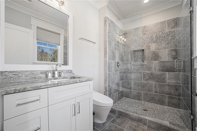 bathroom featuring vanity, a shower stall, and toilet