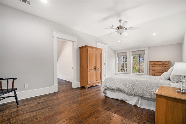 bedroom with baseboards, dark wood finished floors, ceiling fan, vaulted ceiling, and recessed lighting