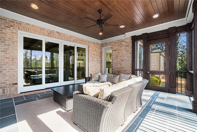 view of patio with french doors, ceiling fan, and an outdoor hangout area