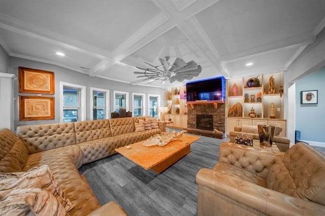 149 Avalon Way, Sharpsburg, GA 30277 - living room featuring a fireplace, recessed lighting, coffered ceiling, ornamental molding, and wood finished floors