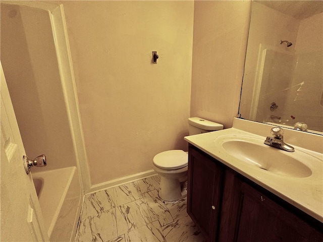 full bath with toilet, marble finish floor, vanity, and shower / tub combination