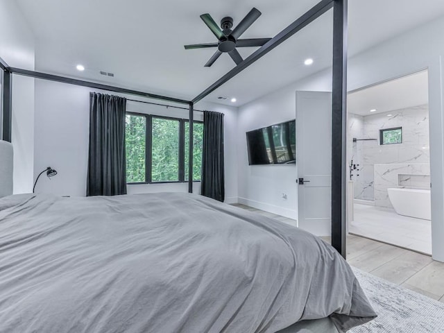 106 Belmont Dr, Canton, GA 30115 - bedroom featuring recessed lighting, vaulted ceiling, wood finished floors, ensuite bath, and a ceiling fan