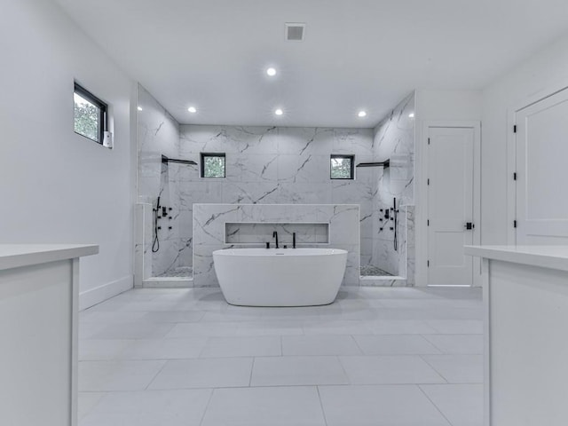 106 Belmont Dr, Canton, GA 30115 - full bathroom featuring a marble finish shower, a freestanding bath, recessed lighting, and vanity