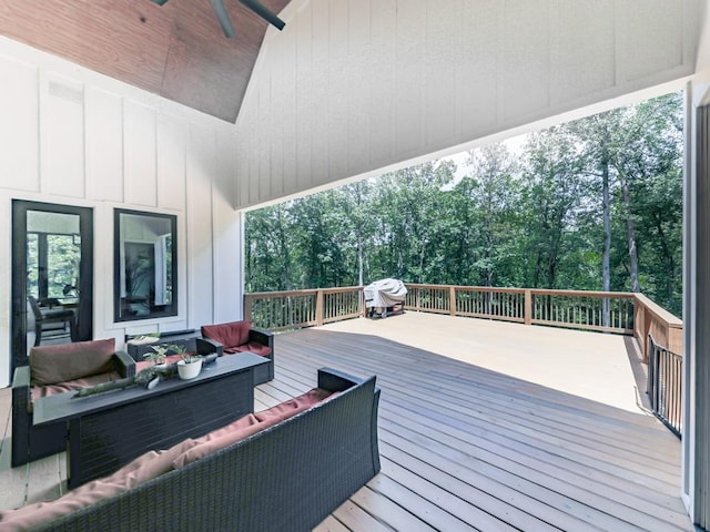 106 Belmont Dr, Canton, GA 30115 - wooden deck featuring an outdoor living space, a ceiling fan, grilling area, and view of scattered trees