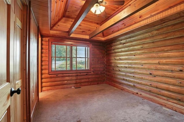 929 Hickory Nut Mountain Rd, Tallulah Falls, GA 30573 - spare room with a wood ceiling with exposed beams, carpet, a ceiling fan, and log walls
