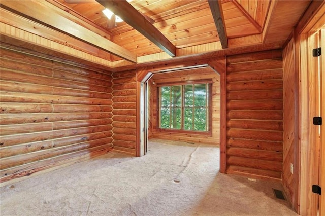 929 Hickory Nut Mountain Rd, Tallulah Falls, GA 30573 - carpeted empty room featuring a wood ceiling with exposed beams and log walls