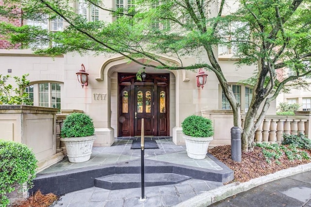 view of exterior entry with stone siding