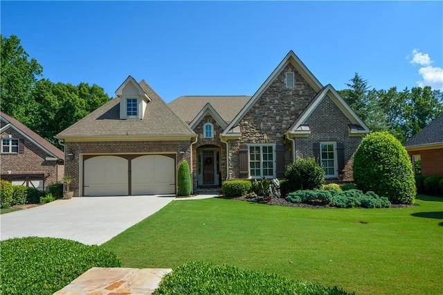 view of front of property with concrete driveway, stone siding, an attached garage, a front lawn, and brick siding