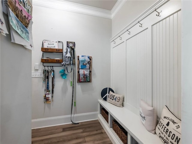 mudroom featuring crown molding and dark hardwood / wood-style floors