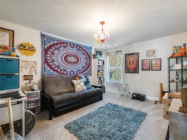 living room with carpet floors and a chandelier