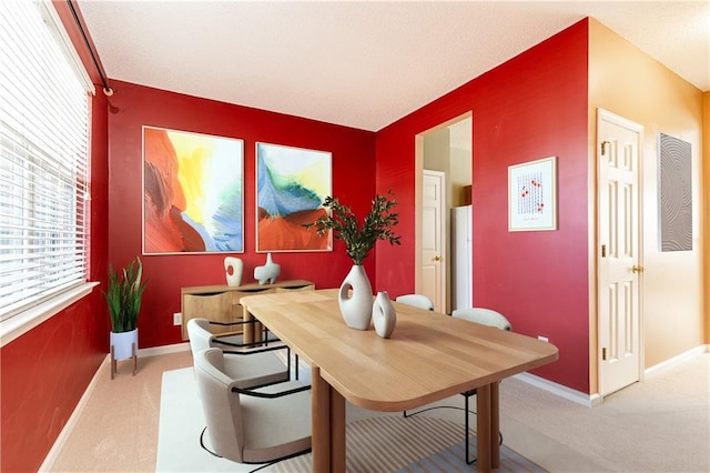 dining room featuring light carpet