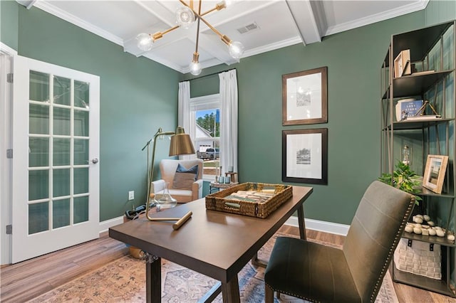 home office with coffered ceiling, crown molding, a chandelier, light wood-type flooring, and beam ceiling