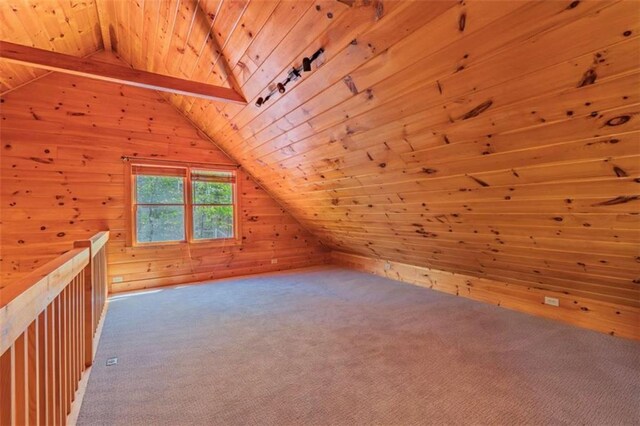 342 Zenith Trl, Ellijay, GA 30540 - additional living space with wooden walls, carpet floors, vaulted ceiling with beams, and wooden ceiling