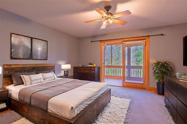 342 Zenith Trl, Ellijay, GA 30540 - bedroom with access to exterior, ceiling fan, light carpet, and baseboards