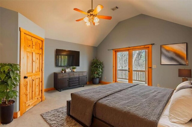 342 Zenith Trl, Ellijay, GA 30540 - carpeted bedroom with access to outside, ceiling fan, vaulted ceiling, visible vents, and baseboards