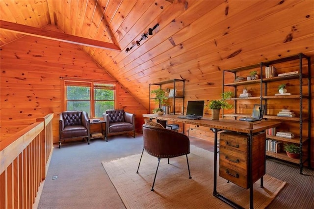 342 Zenith Trl, Ellijay, GA 30540 - office area featuring wooden walls, vaulted ceiling with beams, carpet flooring, and wood ceiling