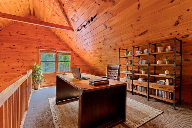 342 Zenith Trl, Ellijay, GA 30540 - carpeted office space with wooden walls, wood ceiling, and lofted ceiling with beams