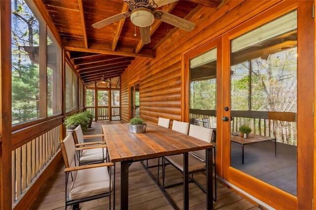 342 Zenith Trl, Ellijay, GA 30540 - sunroom with french doors, beamed ceiling, ceiling fan, and outdoor dining space