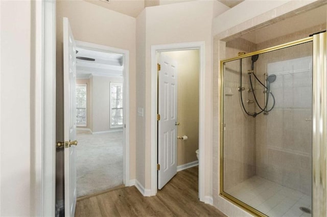bathroom featuring wood-type flooring, toilet, and a shower with door