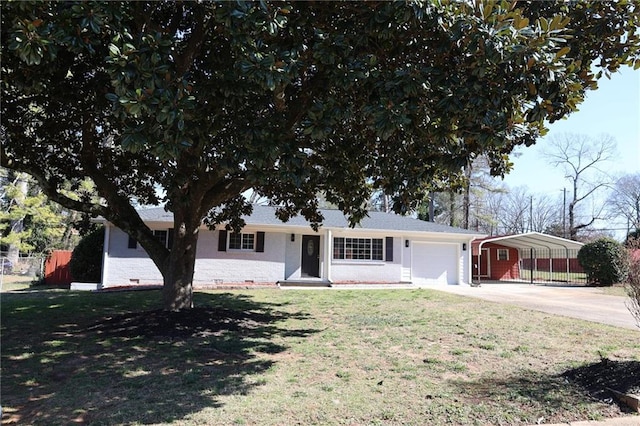 ranch-style home with a garage, concrete driveway, and a front lawn