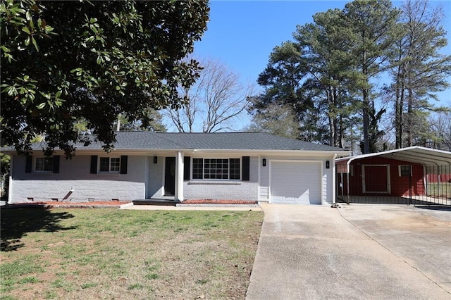 ranch-style house with brick siding, crawl space, a garage, driveway, and a front lawn