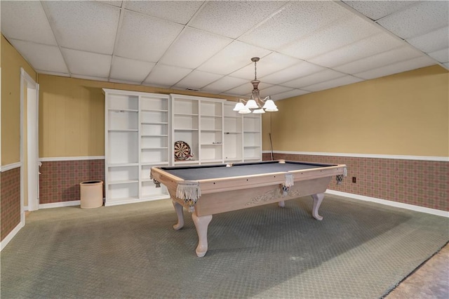 game room with billiards, carpet flooring, and a drop ceiling