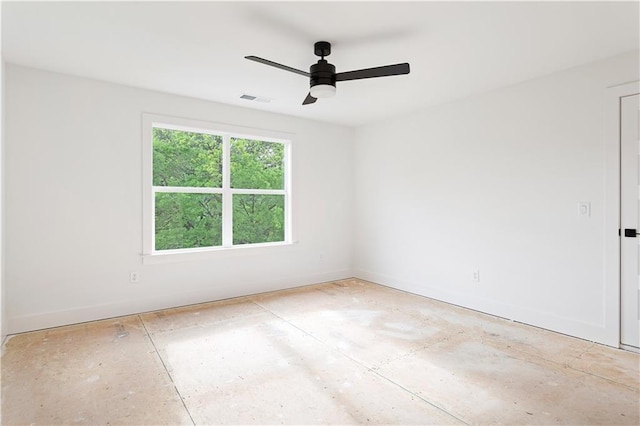 unfurnished room featuring visible vents, baseboards, and ceiling fan
