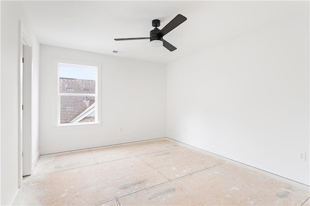 unfurnished room featuring baseboards, ceiling fan, and visible vents