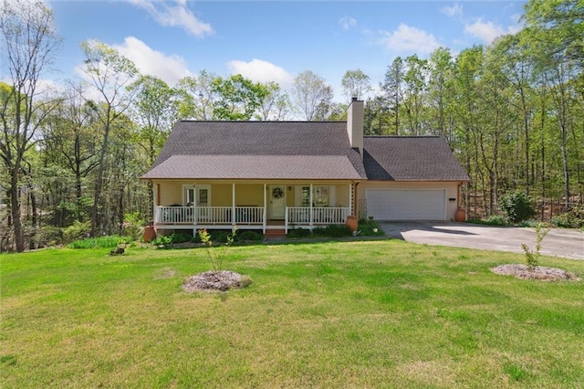 86 Sleepy Hollow Rd, Dahlonega, GA 30533 - view of front facade featuring covered porch, driveway, a garage, a front lawn, and a chimney