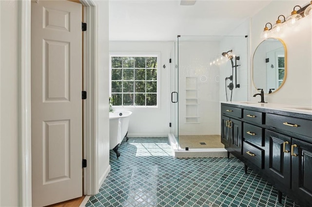 86 Sleepy Hollow Rd, Dahlonega, GA 30533 - full bathroom with double vanity, a stall shower, a freestanding tub, and tile patterned floors