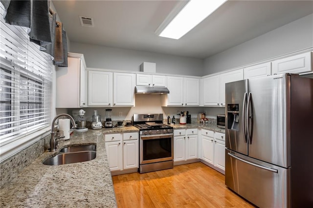 kitchen with light stone countertops, sink, a healthy amount of sunlight, white cabinets, and appliances with stainless steel finishes