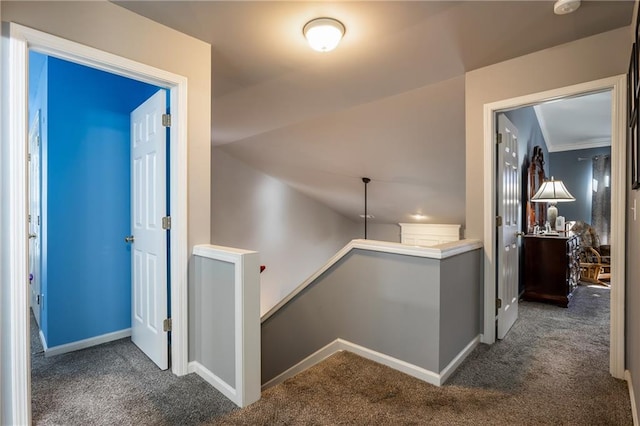 corridor with crown molding and dark carpet