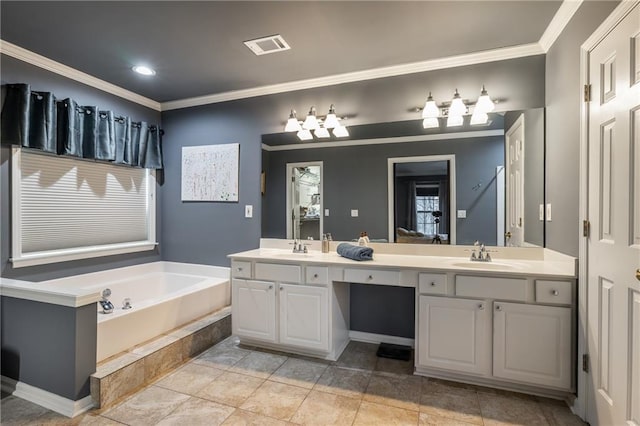 bathroom featuring tiled tub, crown molding, tile patterned flooring, and vanity