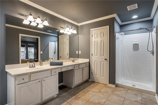 bathroom featuring curtained shower, tile patterned flooring, vanity, and ornamental molding