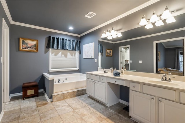 bathroom with a tub to relax in, tile patterned flooring, vanity, and ornamental molding