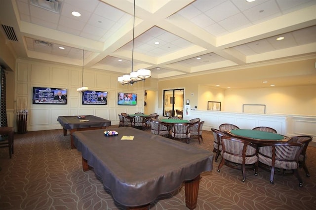 recreation room with coffered ceiling, a decorative wall, pool table, and beam ceiling