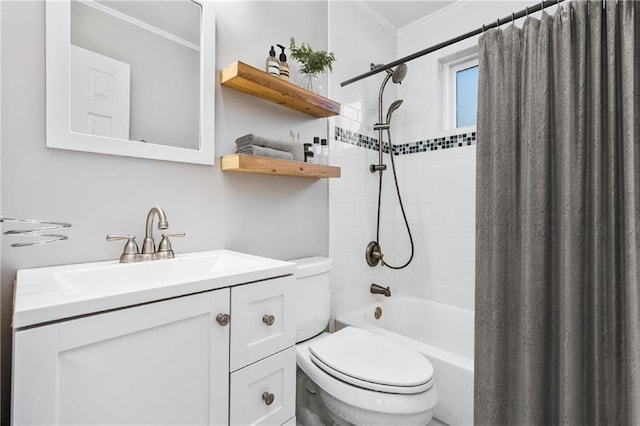 full bathroom featuring vanity, toilet, ornamental molding, and shower / tub combo with curtain