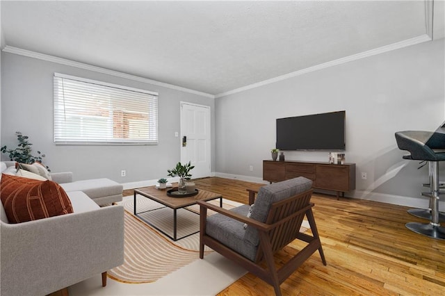 living room with crown molding and light hardwood / wood-style floors