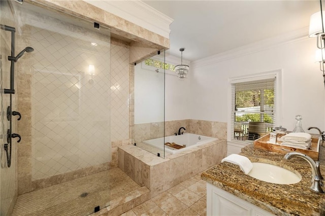 full bath with tile patterned flooring, crown molding, vanity, a shower stall, and a bath