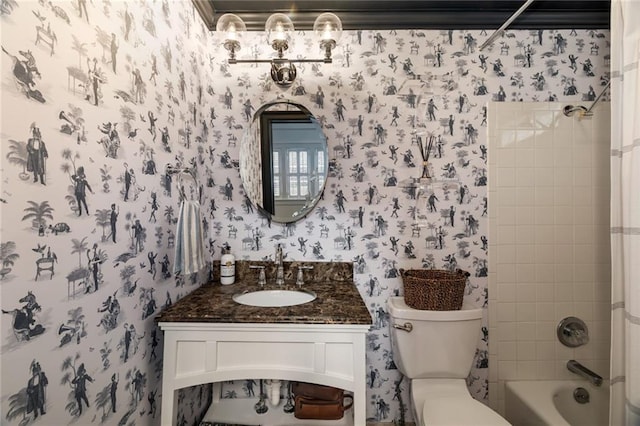 full bath featuring toilet, wallpapered walls, bathtub / shower combination, and vanity