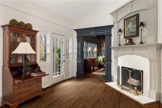 entryway featuring dark wood-style floors, lofted ceiling, and a fireplace with raised hearth