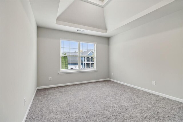 carpeted spare room with a raised ceiling