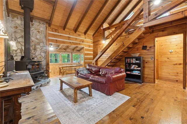251 Honeysuckle Way, Blue Ridge, GA 30513 - living area featuring a wood stove, wooden ceiling, wooden walls, and hardwood / wood-style floors