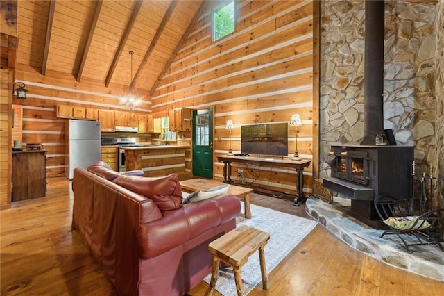 251 Honeysuckle Way, Blue Ridge, GA 30513 - living area with wood ceiling with exposed beams, a wood stove, light wood finished floors, wood walls, and high vaulted ceiling