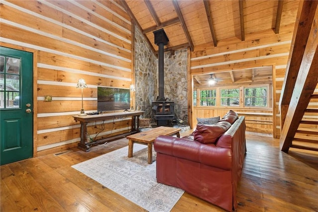 251 Honeysuckle Way, Blue Ridge, GA 30513 - living room featuring a wood stove, wood-type flooring, wood walls, wood ceiling with exposed beams, and high vaulted ceiling