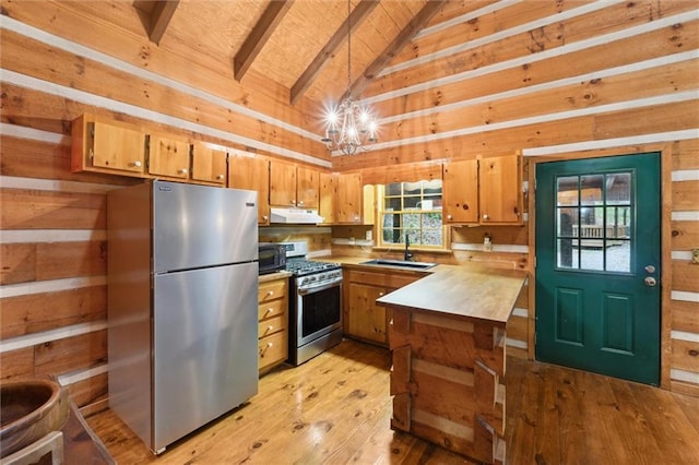 251 Honeysuckle Way, Blue Ridge, GA 30513 - kitchen featuring stainless steel appliances, under cabinet range hood, a sink, brown cabinets, and wooden walls