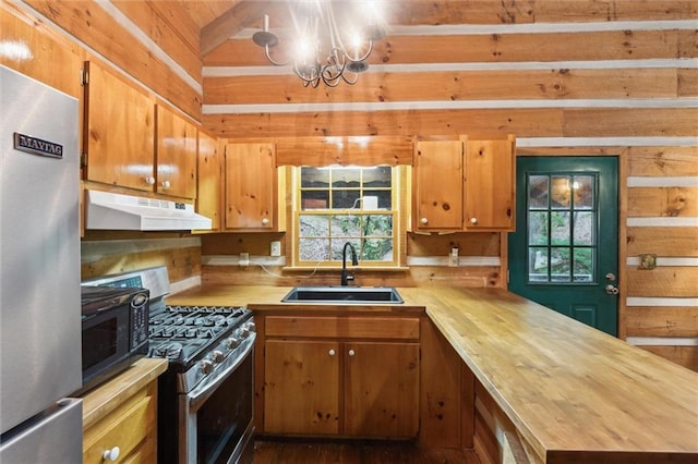 251 Honeysuckle Way, Blue Ridge, GA 30513 - kitchen with stainless steel appliances, a sink, under cabinet range hood, a chandelier, and butcher block counters
