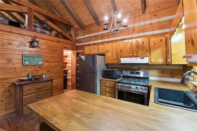 251 Honeysuckle Way, Blue Ridge, GA 30513 - kitchen with appliances with stainless steel finishes, a sink, under cabinet range hood, light countertops, and wooden ceiling