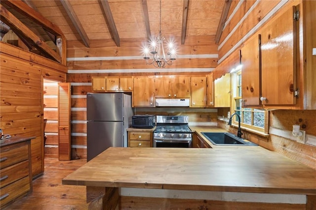 251 Honeysuckle Way, Blue Ridge, GA 30513 - kitchen featuring appliances with stainless steel finishes, under cabinet range hood, a sink, wooden ceiling, and wood walls